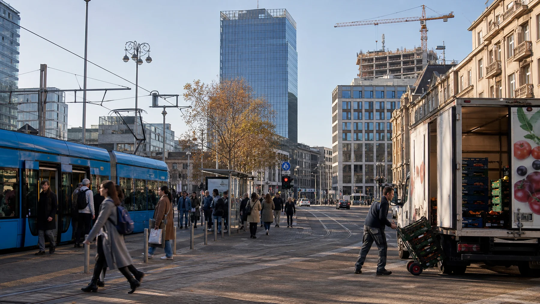 Pendler, Lieferverkehr, Handel, Büros und Bauarbeiten zeigen verschiedene Teile der kroatischen Wirtschaft