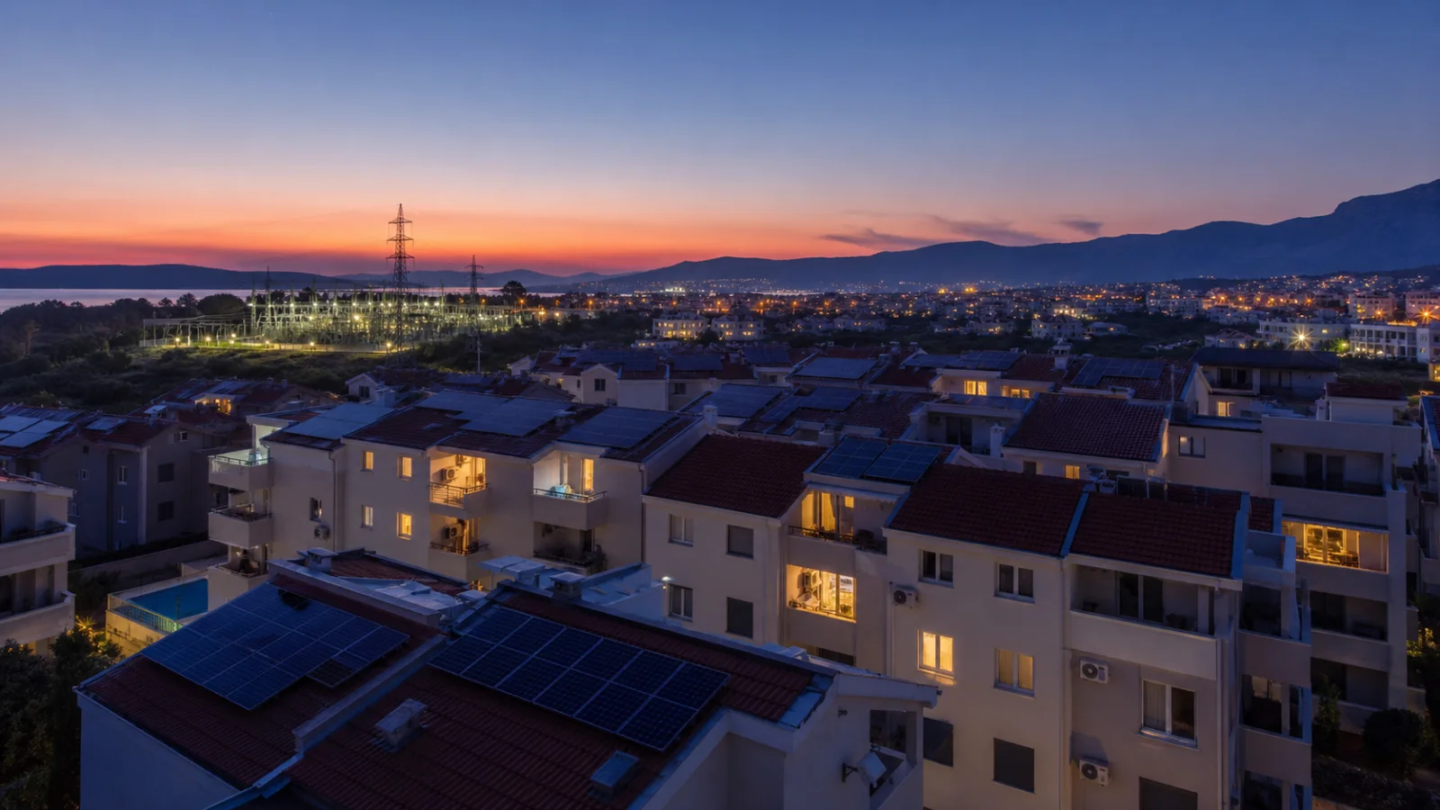 Kroatische Küstenstadt mit Solardächern und Stromnetz kurz nach Sonnenuntergang