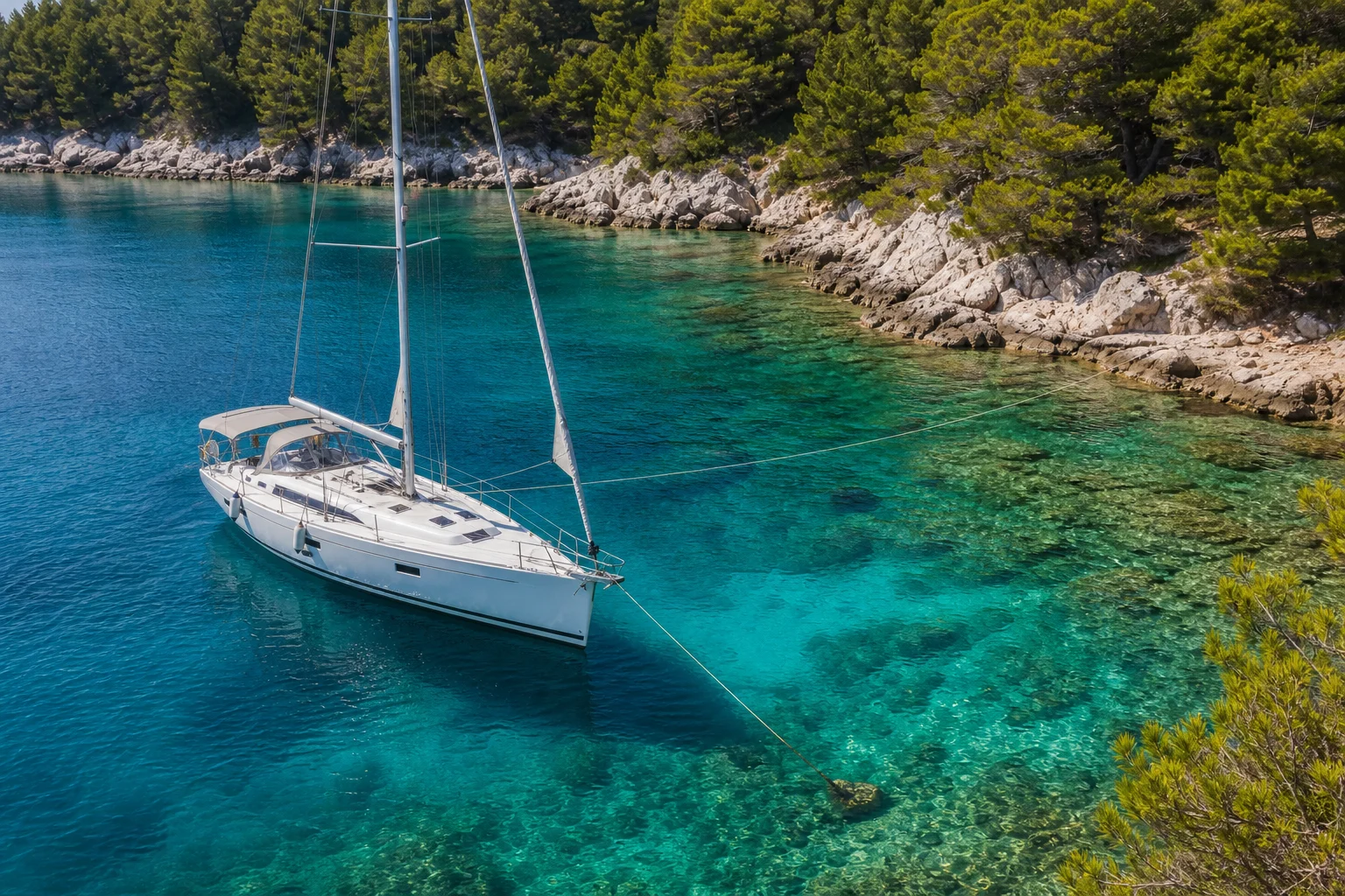 Segelyacht in einer kroatischen Bucht mit Anker voraus und Landleine zum felsigen Ufer
