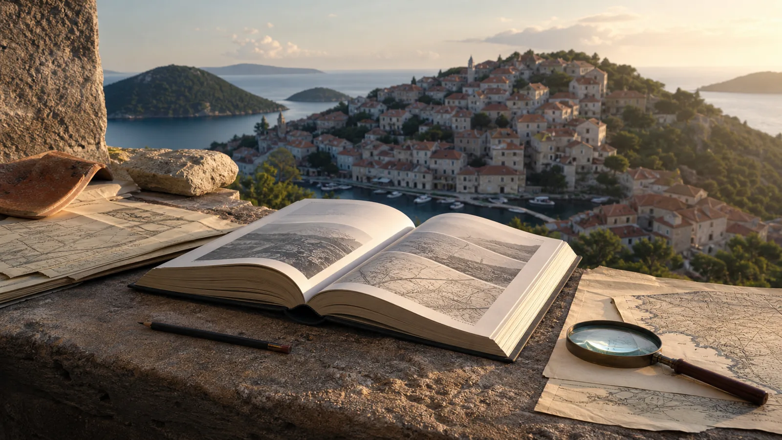 Illustriertes Fachbuch, alte Karten und Lupe auf einem Steintisch mit Blick auf Lastovo
