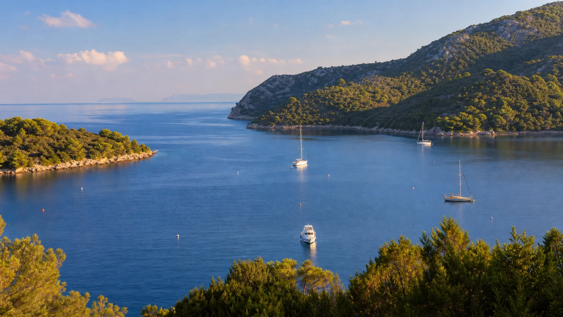 Segelboote liegen in einer bewaldeten Bucht des Lastovo-Archipels