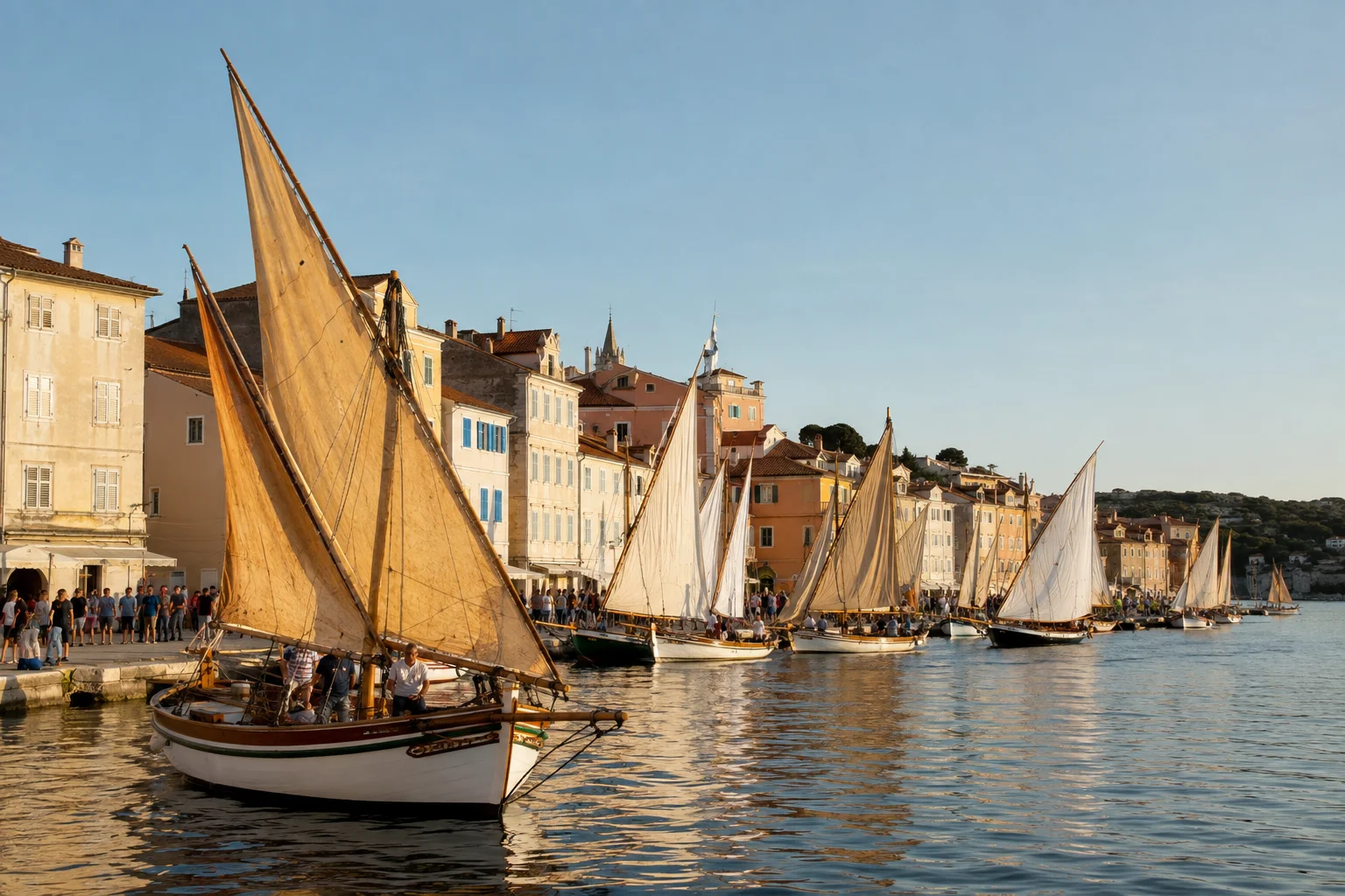 Traditionelle Adriasegelboote versammeln sich im Hafen vor einer historischen Inselkulisse