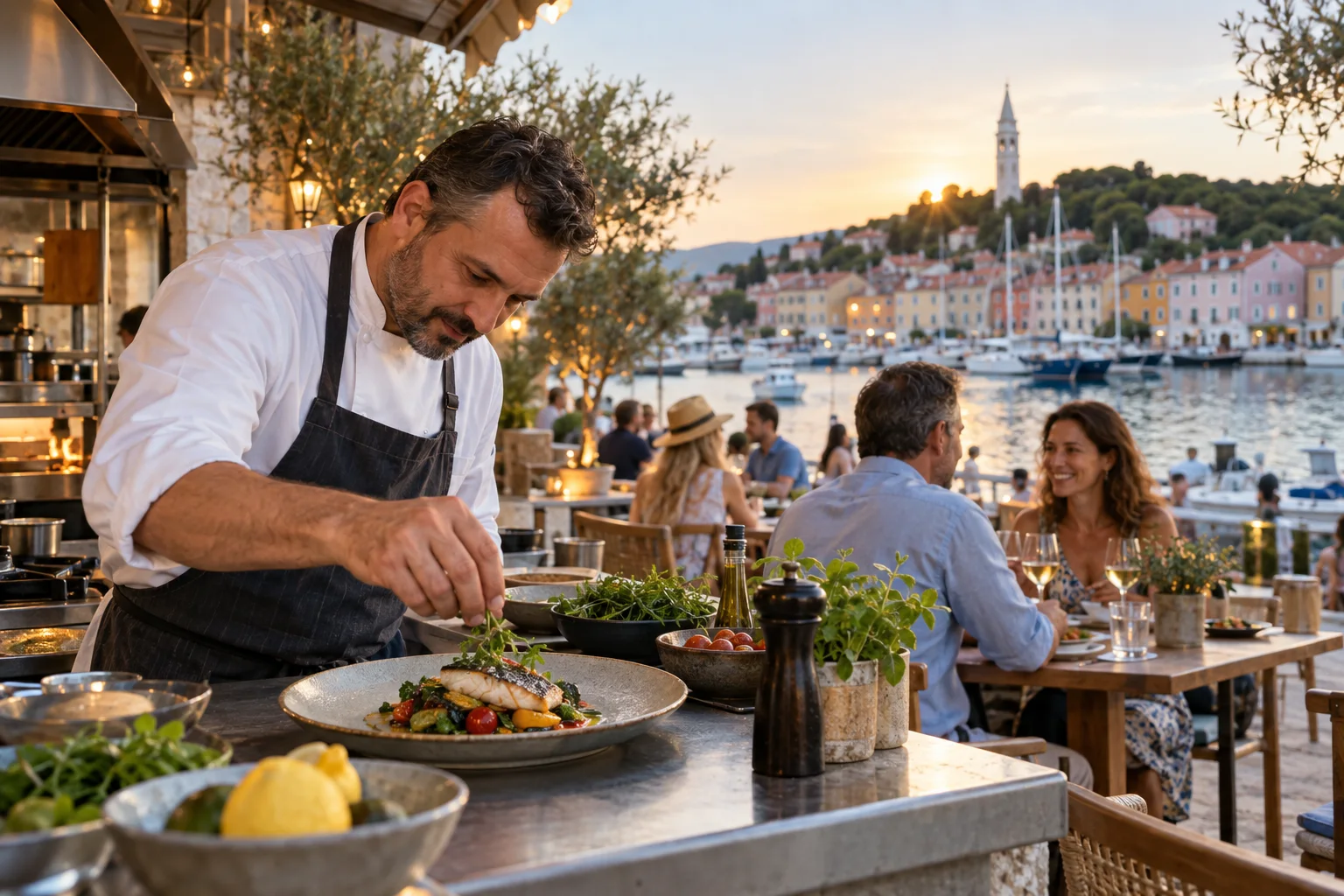 Ein Koch richtet ein mediterranes Gericht mit Blick auf den Hafen von Mali Lošinj an