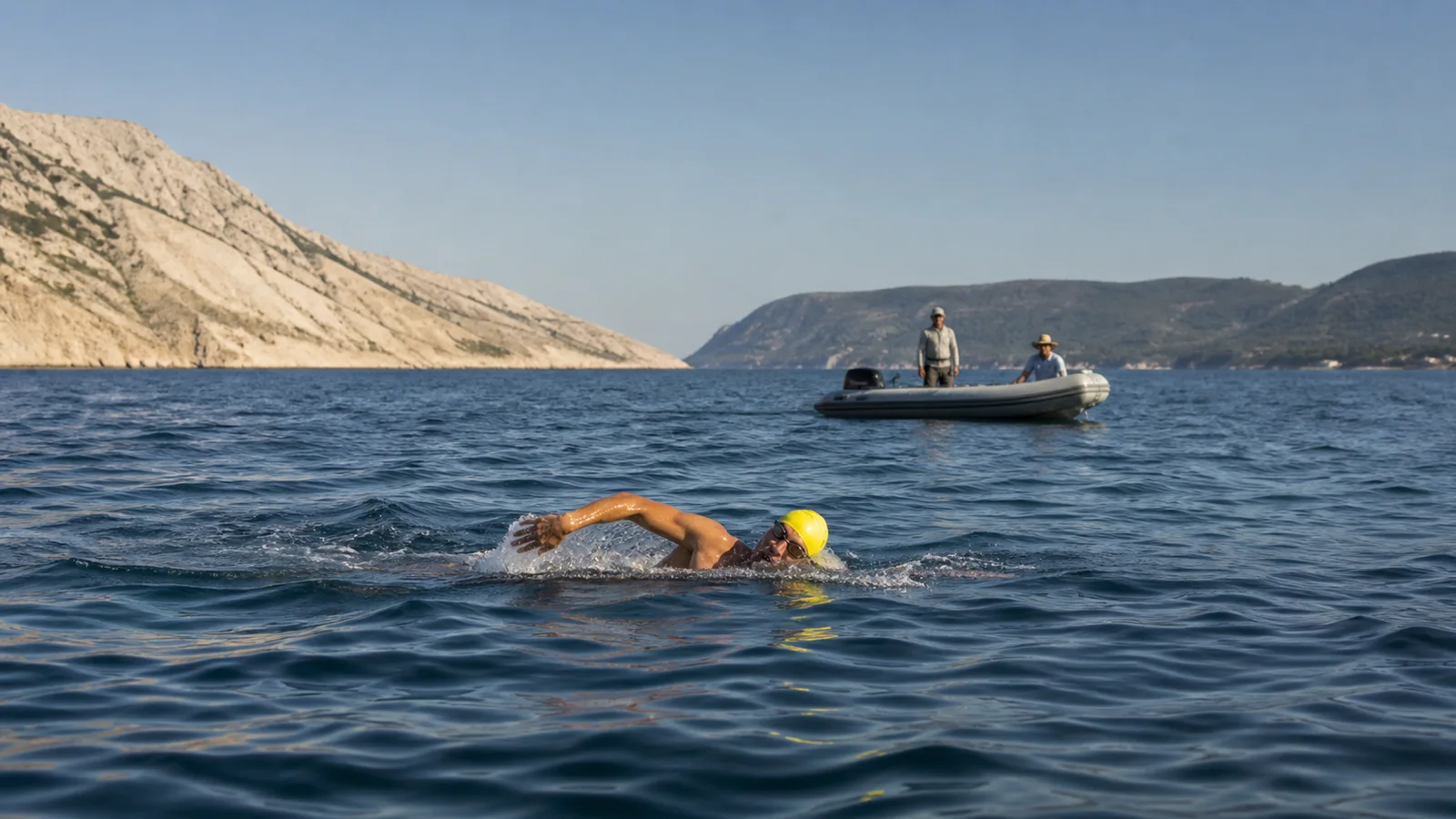 Trainierter Schwimmer im offenen Meer zwischen kargen und grüneren Adriainseln, begleitet von einem kleinen Boot