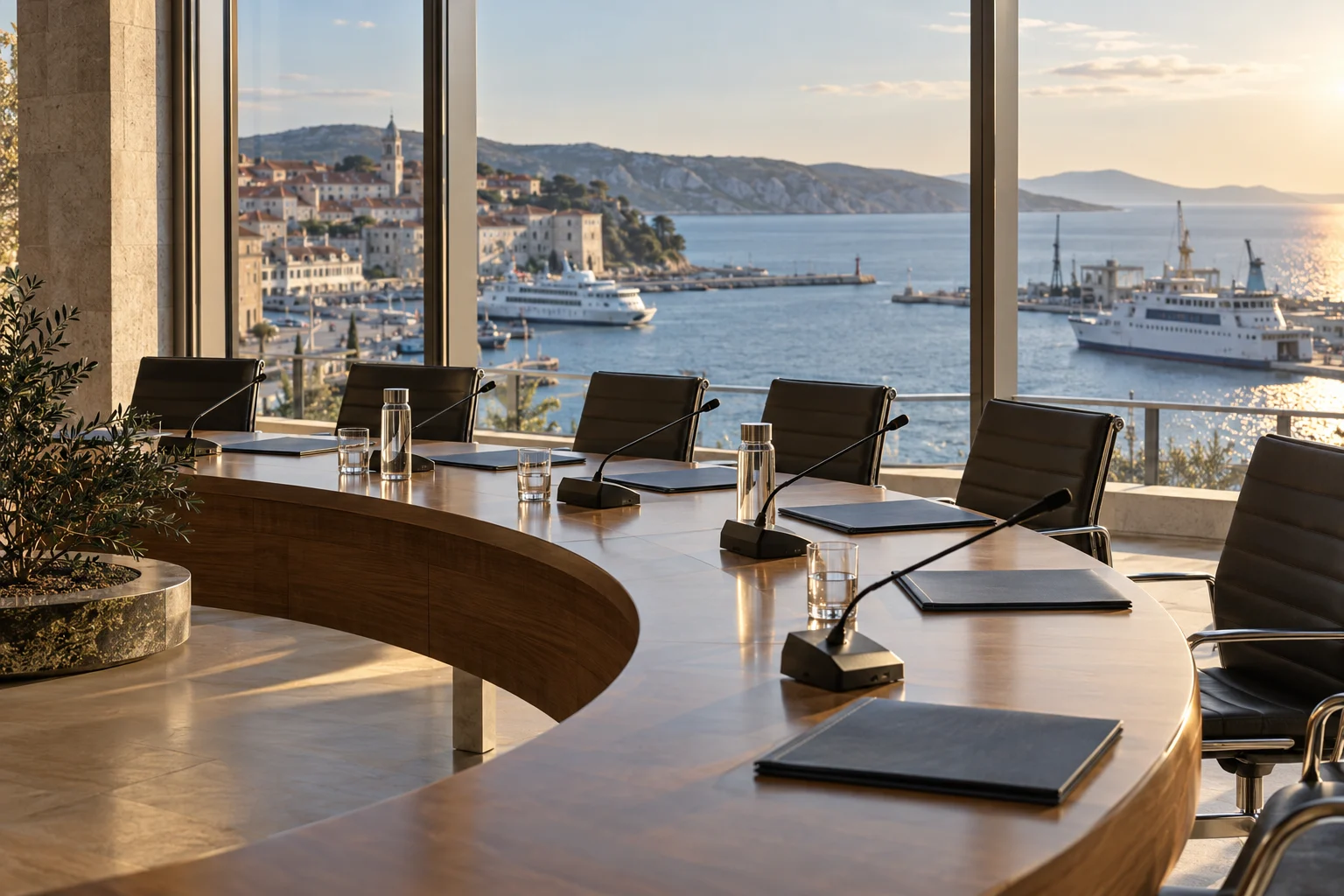 Ein leerer Konferenztisch mit Mikrofonen steht vor Fenstern mit Blick auf einen adriatischen Hafen