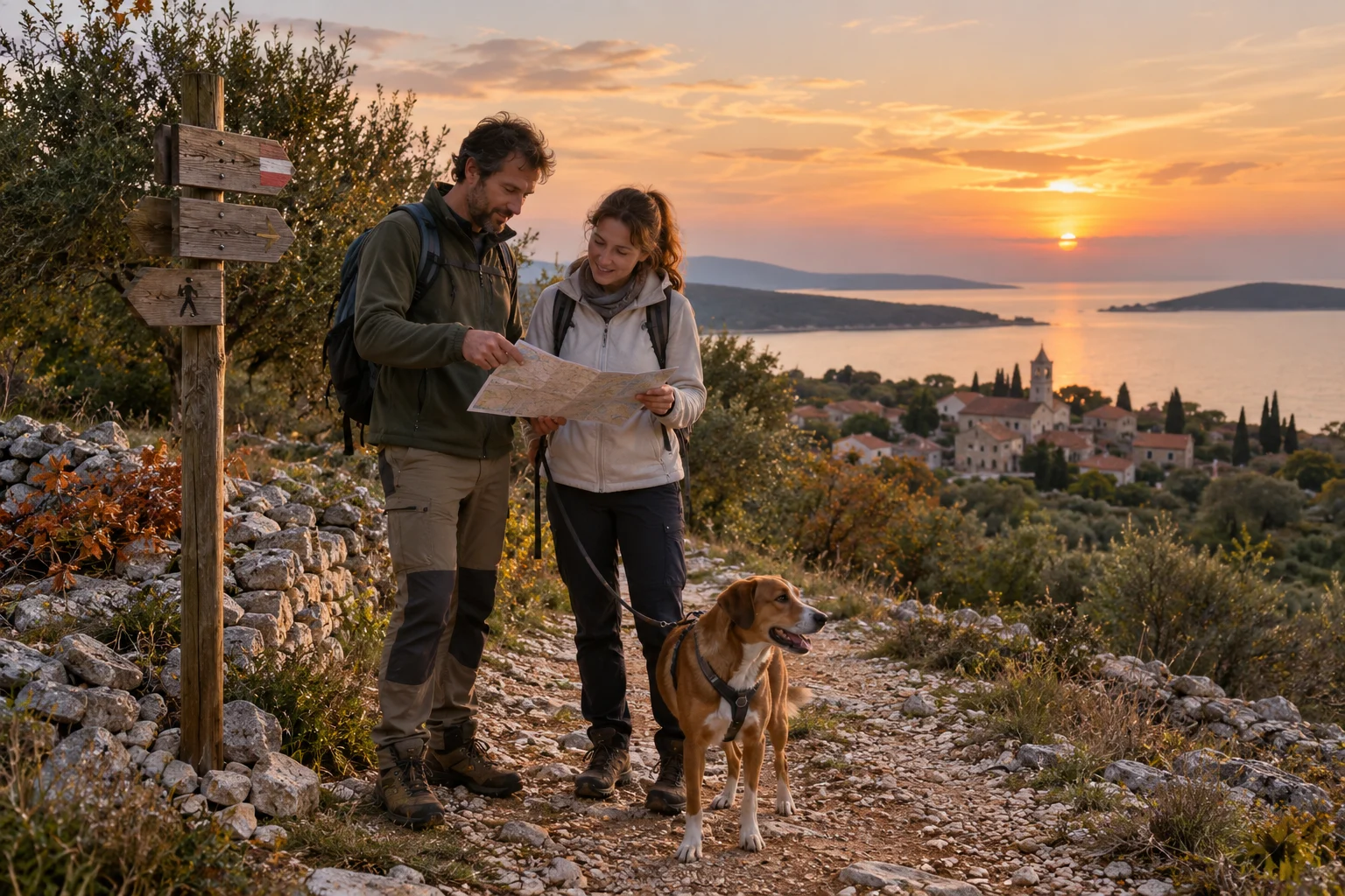 Spaziergänger mit angeleintem Hund prüfen bei Dämmerung einen Wegplan am Rand einer mediterranen Siedlung