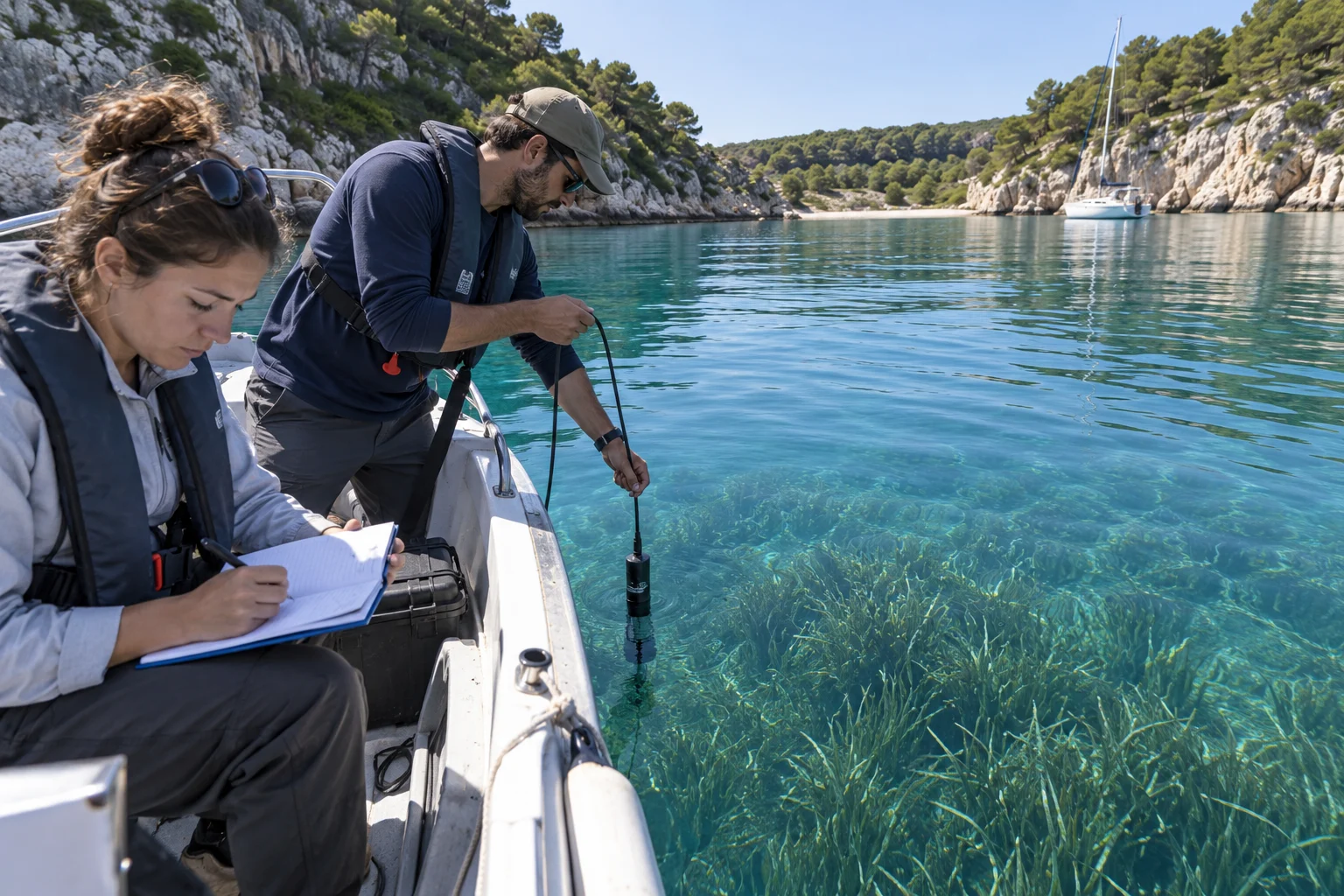 Eine Fachkraft untersucht vom kleinen Arbeitsboot aus eine Seegraswiese im klaren Wasser einer mediterranen Bucht