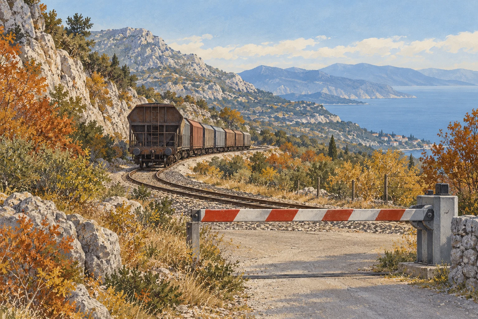 Illustration eines stillstehenden Güterzugs in einer felsigen Kvarner-Landschaft hinter einer Wartungsabsperrung