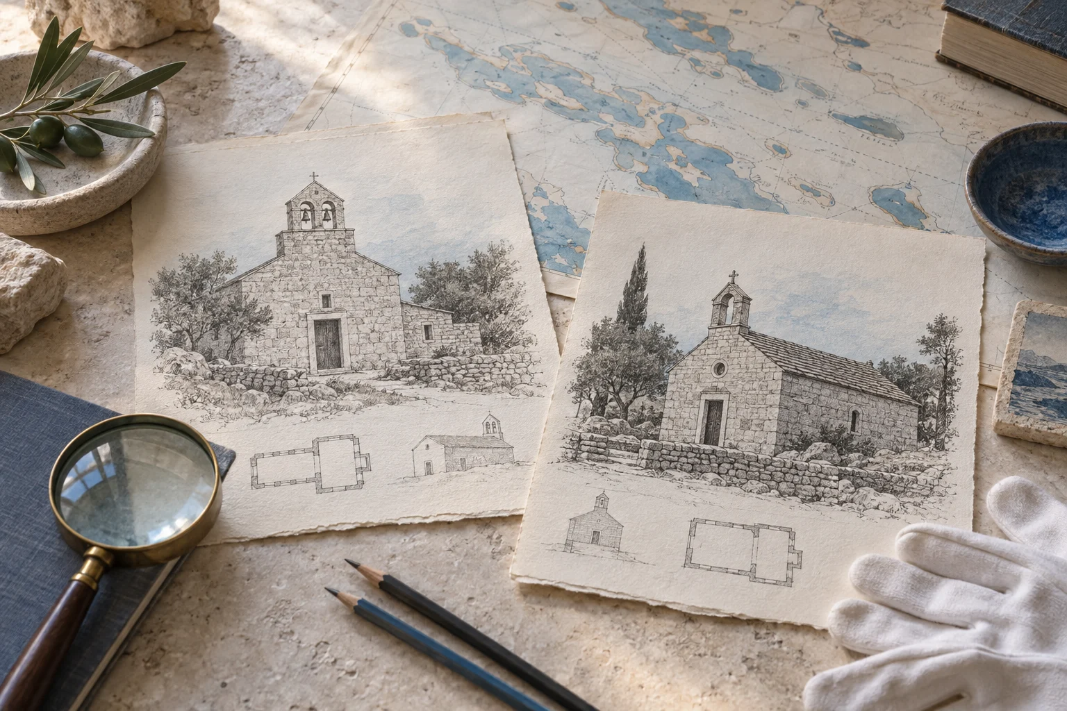 Eine Karte des Zadar-Archipels mit zwei stilisierten historischen Steinkirchen als Symbol für Molat und Vrgada