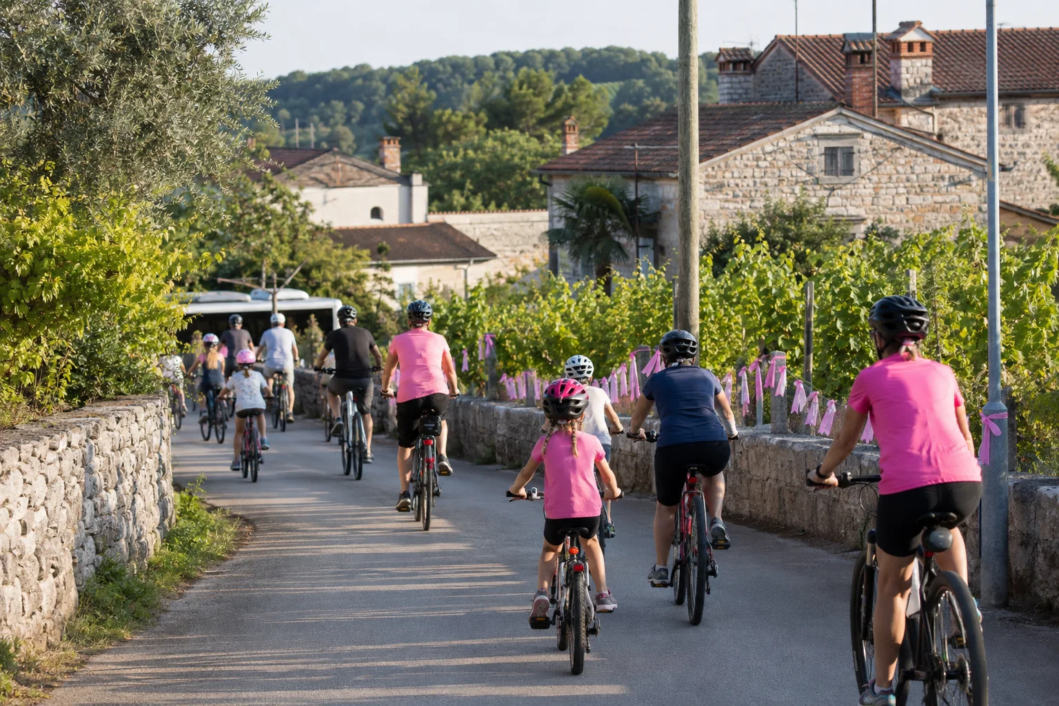 Familien und Erwachsene fahren mit rosa Akzenten durch ein istrisches Dorf