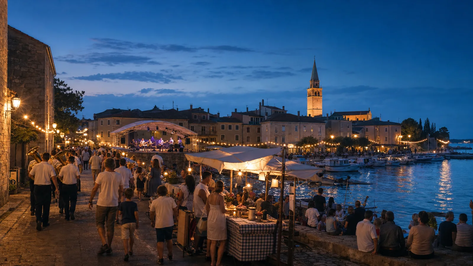 Menschen feiern bei Musik und Marktständen an der beleuchteten Altstadtküste von Novigrad