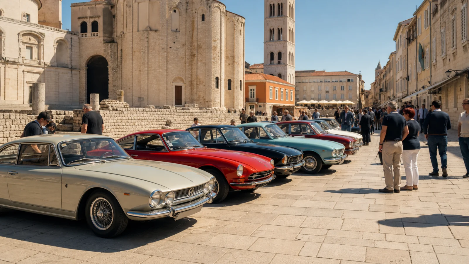 Historische europäische Automobile stehen am Vormittag auf einem hellen Platz in Zadars Altstadt