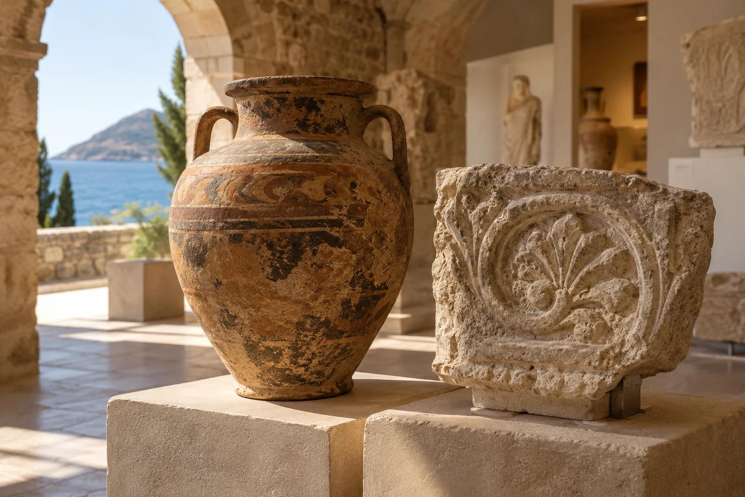 Ein antikes Keramikgefäß und ein behauener Stein werden in einem kleinen mediterranen Museumsraum gezeigt