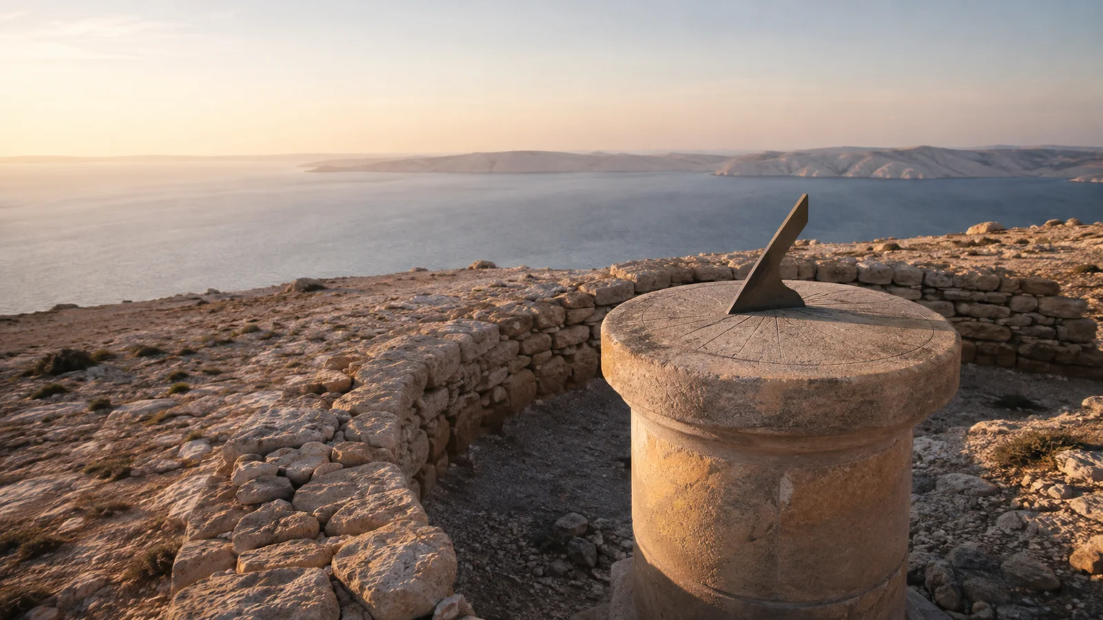 Eine restaurierte steinerne Sonnenuhr steht im kargen Karst am Meer auf Pag