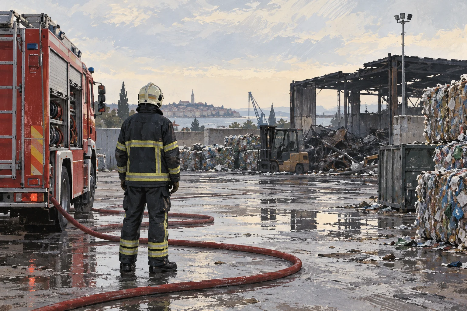 Illustration einer Feuerwehrkraft bei der Kontrolle eines ruhigen Recyclinggeländes nach einem Brand