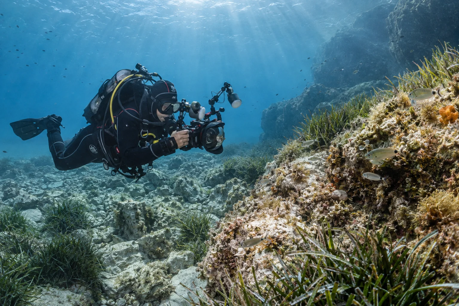 Taucherin fotografiert unter Wasser in der felsigen Adria vor Rab