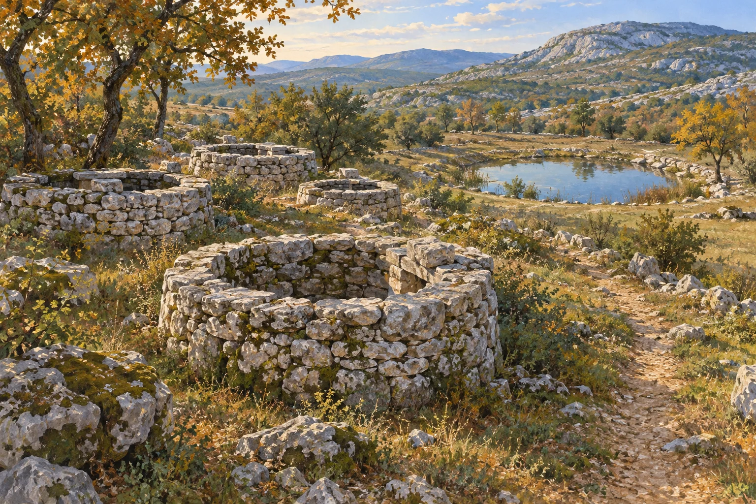 Illustration mehrerer niedriger steinerner Brunnenfassungen und eines Teichs in einer Karstlandschaft