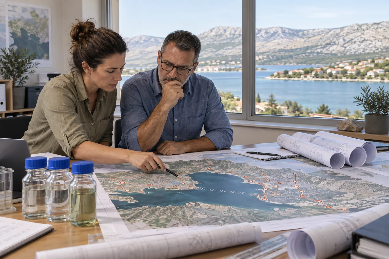 Ingenieure beraten über eine Küstenkarte und versiegelte Wasserproben in einem Planungsbüro