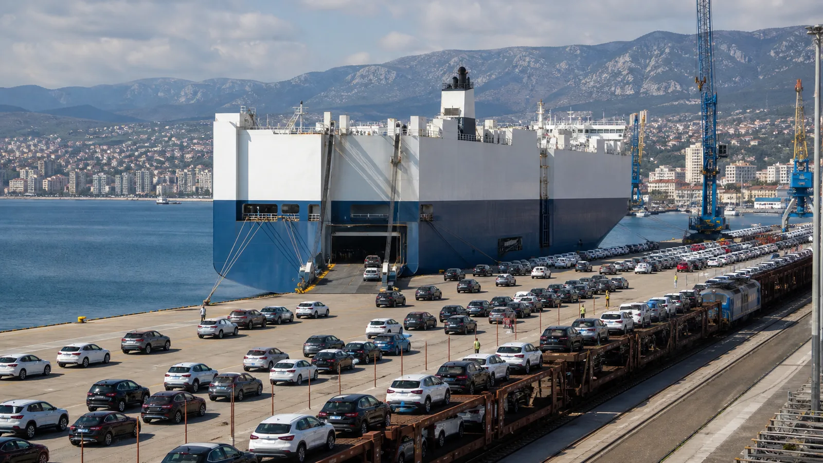 Großer Ro-Ro-Frachter entlädt unmarkierte Neuwagen neben Güterzügen im Hafen von Rijeka