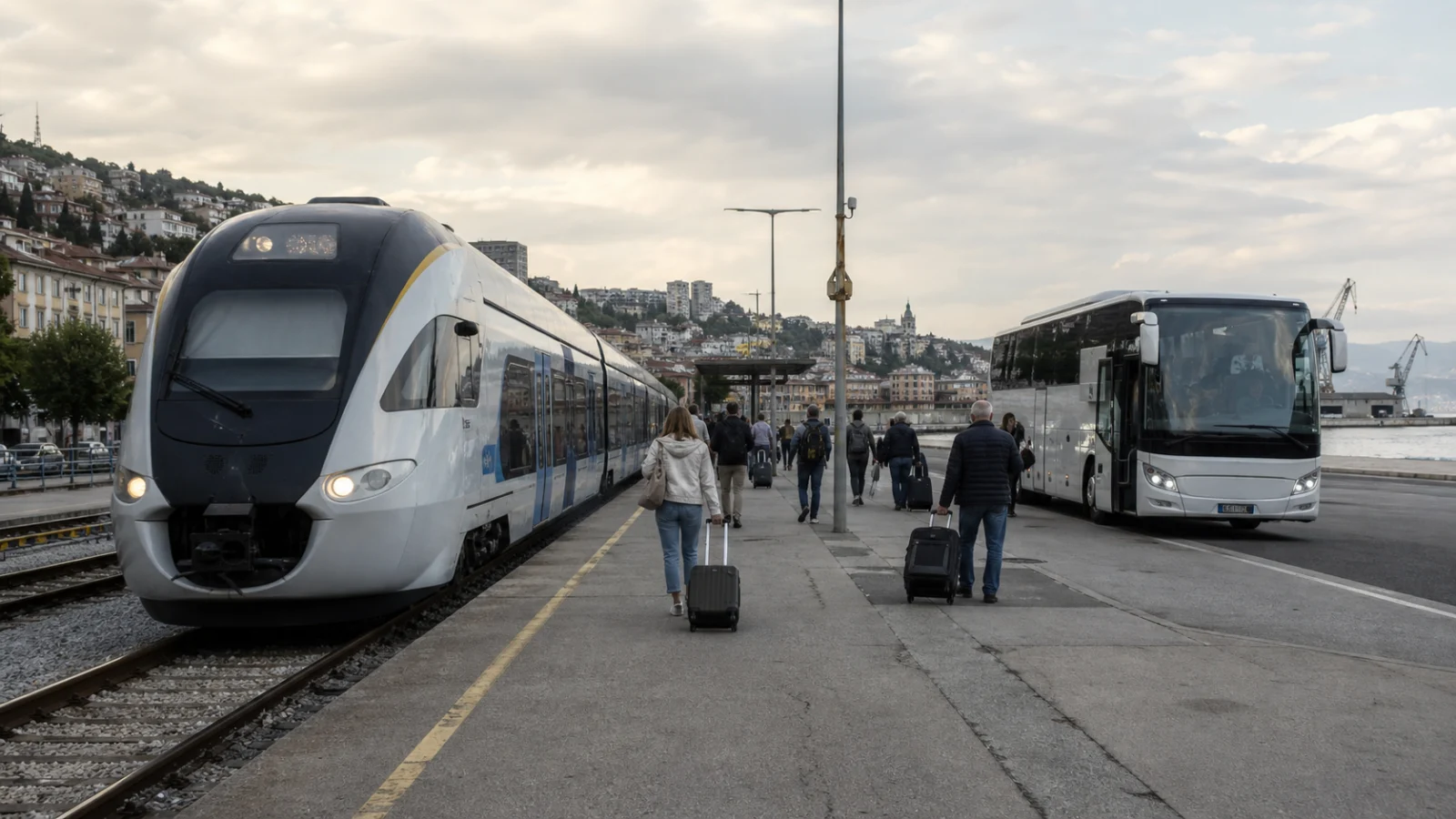 Reisende steigen an einem Bahnhof im Raum Rijeka zwischen Regionalzug und Ersatzbus um