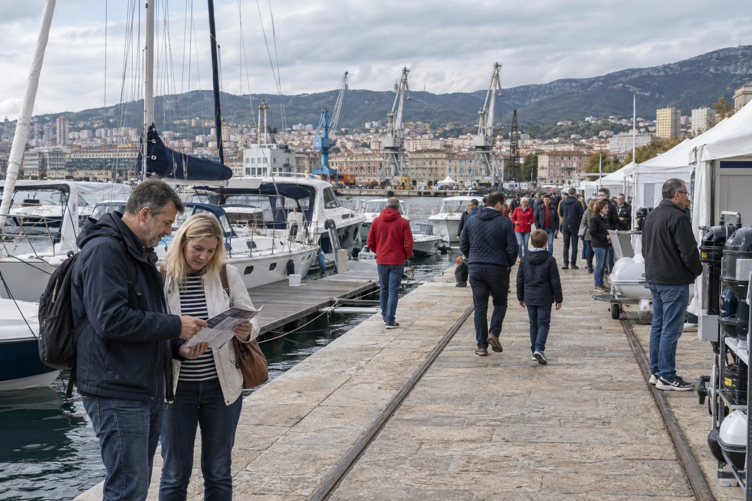 Besucher vergleichen Motorboote und nautische Ausrüstung an einem städtischen Kai am Kvarner