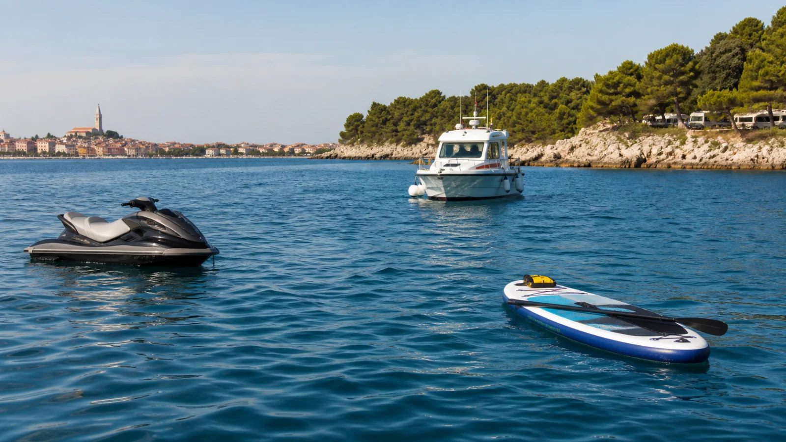 Ein gestoppter Jet-Ski und ein leeres SUP vor der istrischen Küste, während sich ein Einsatzboot nähert