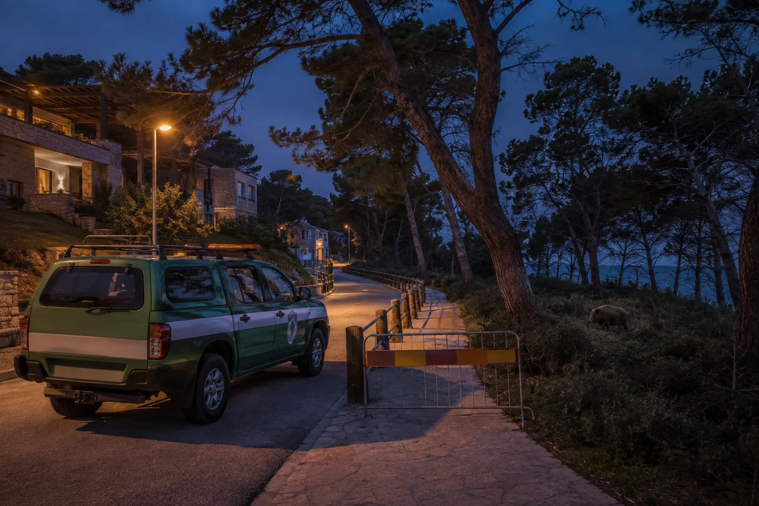 Ein abgesperrter Abendweg am Rand einer Ferienanlage bei Rovinj mit einem Wildschwein in weiter Entfernung