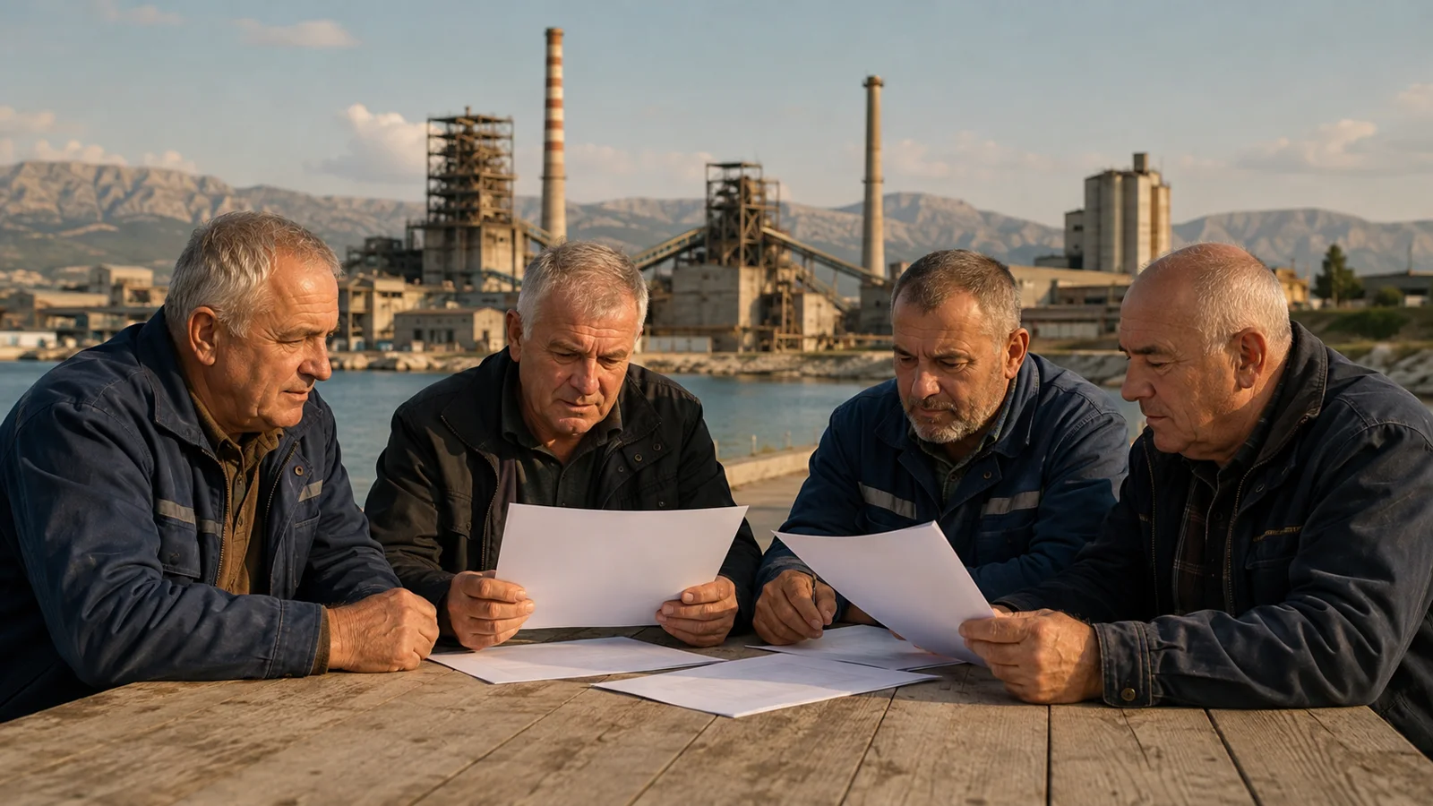 Ältere ehemalige Industriearbeiter betrachten Unterlagen vor einer stillgelegten Anlage bei Vranjic