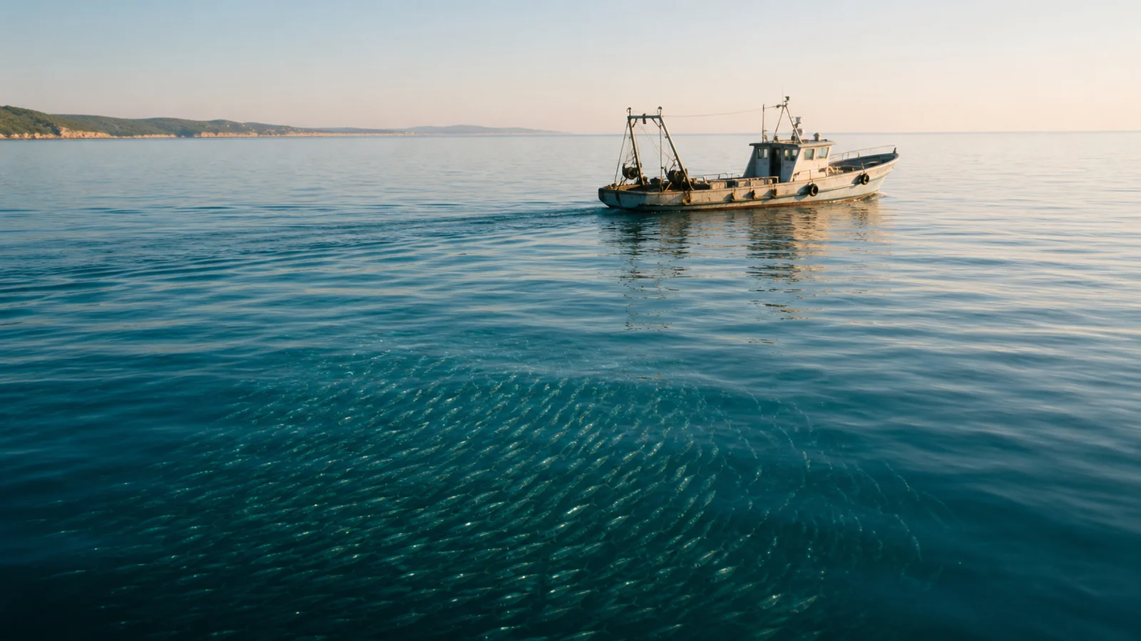 Ein kleines Fischereifahrzeug fährt vor Istrien über einem Sardinenschwarm im klaren Wasser