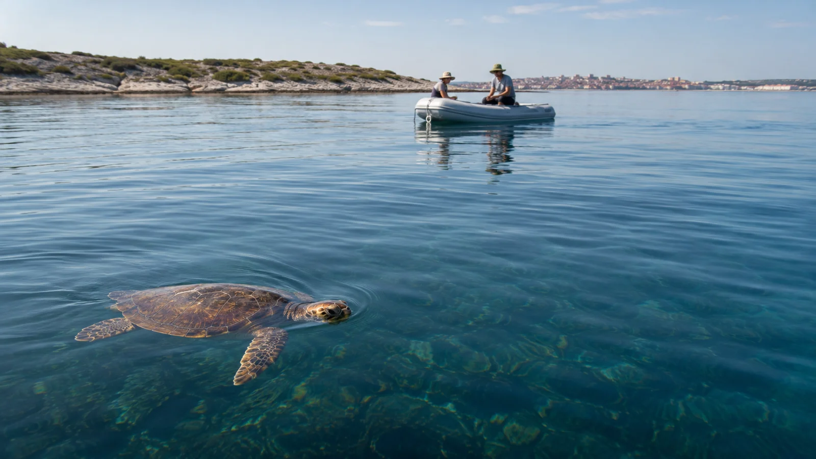 Eine Meeresschildkröte schwimmt nahe der Oberfläche im Šibeniker Inselmeer, ein kleines Boot bleibt auf Abstand