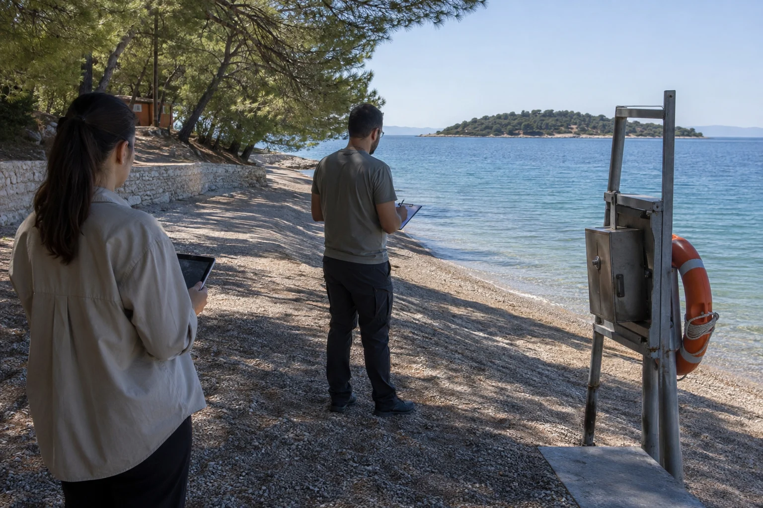 Mitarbeitende dokumentieren Ausstattung und Zugänge eines öffentlichen Strands bei Šibenik