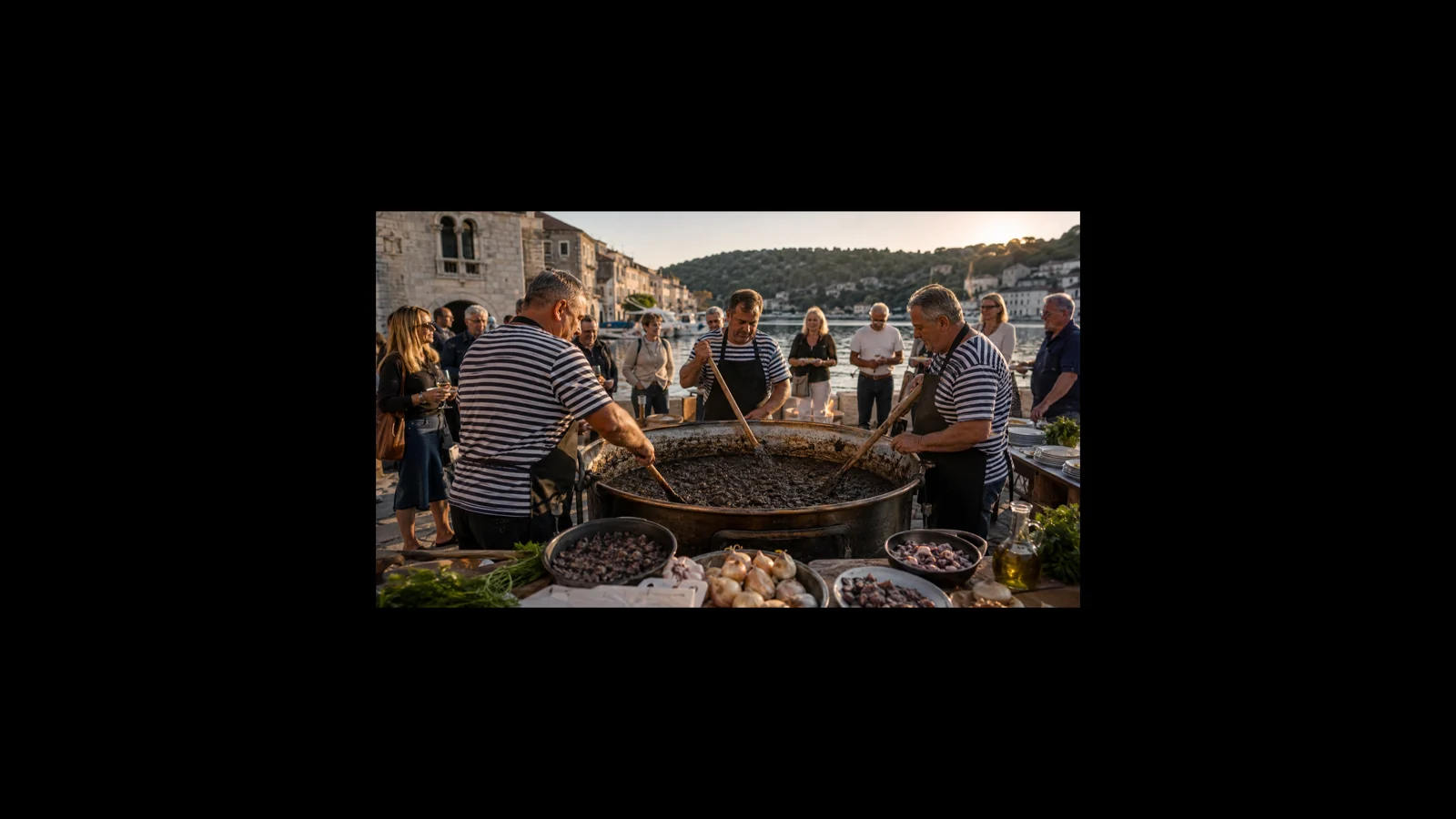 Mehrere Köche bereiten an Skradins Ufer einen großen Topf traditionelles Risotto zu