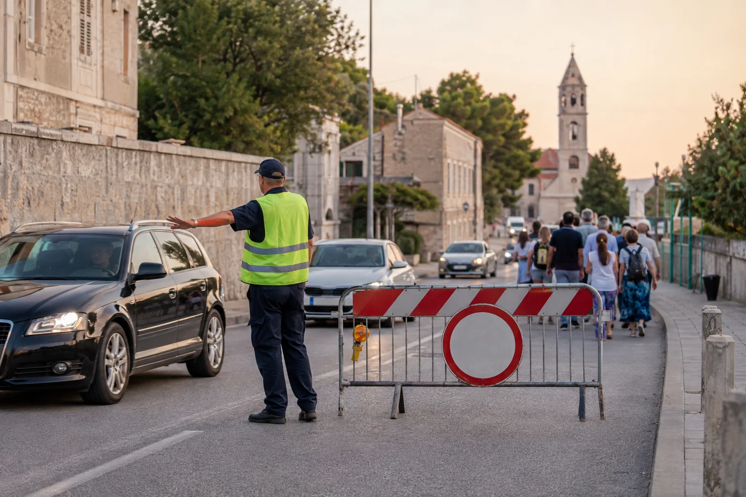 Verkehrsordner hält Autos an einer Straßensperre in Solin zurück, während Fußgänger Richtung Kirche gehen