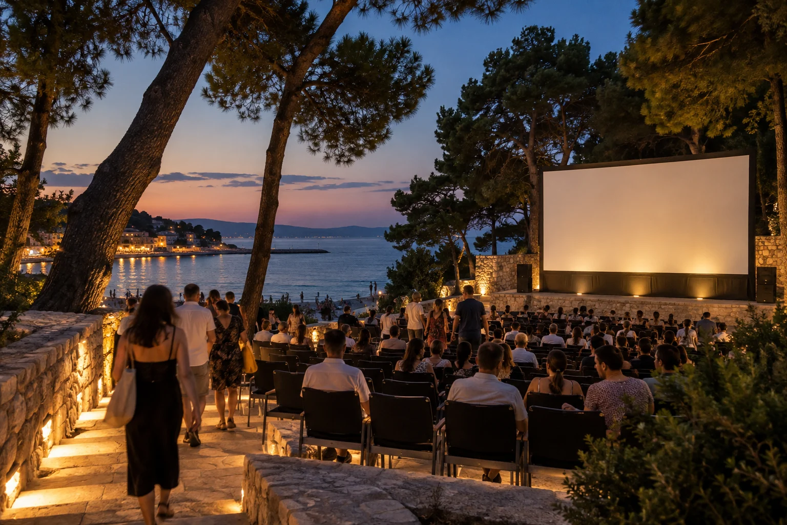 Erwachsene Besucher warten in einem mediterranen Freiluftkino bei Bačvice auf den Filmstart