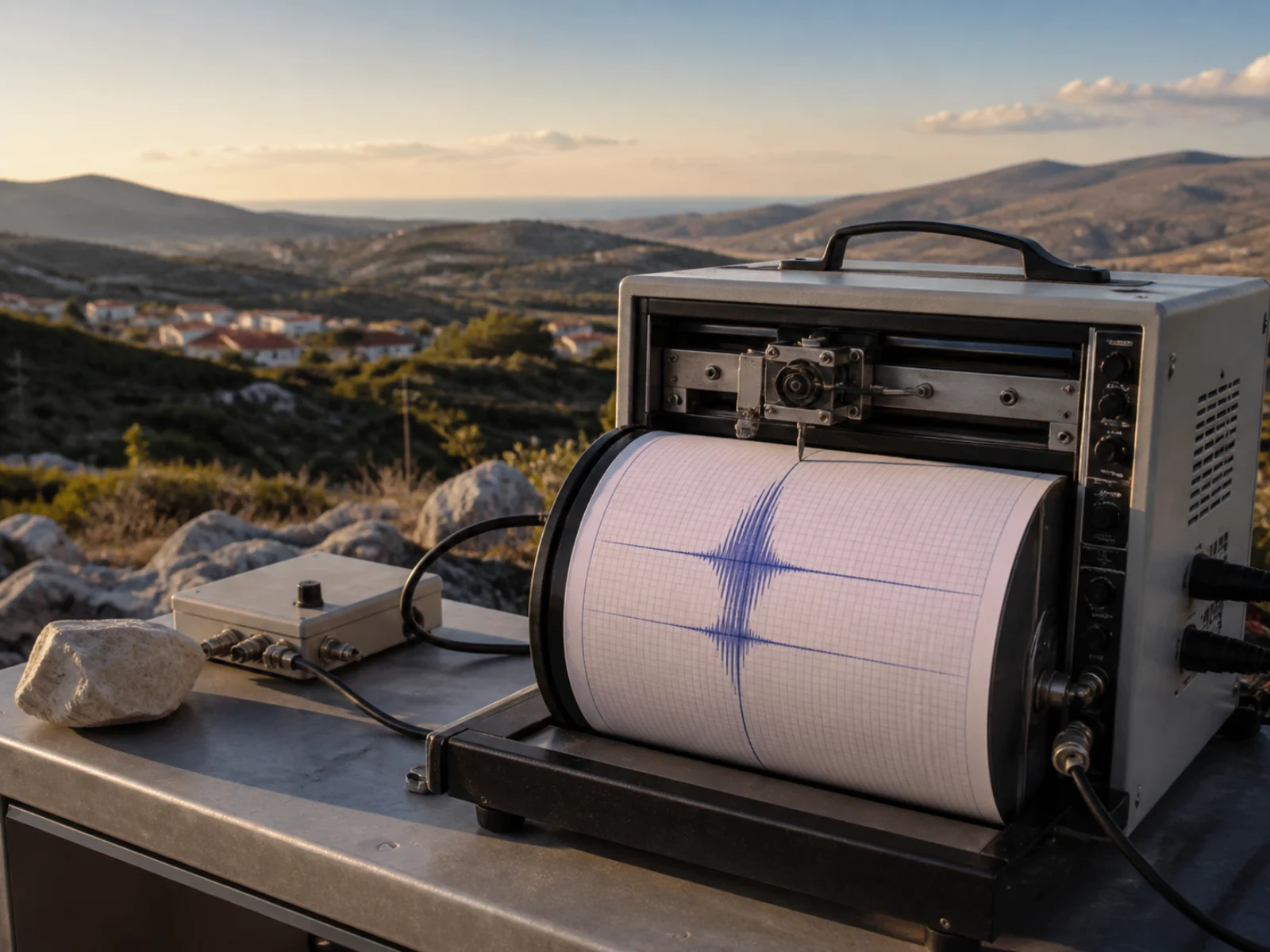 Seismograf zeichnet zwei kleine Ausschläge vor der Landschaft des dalmatinischen Hinterlands auf
