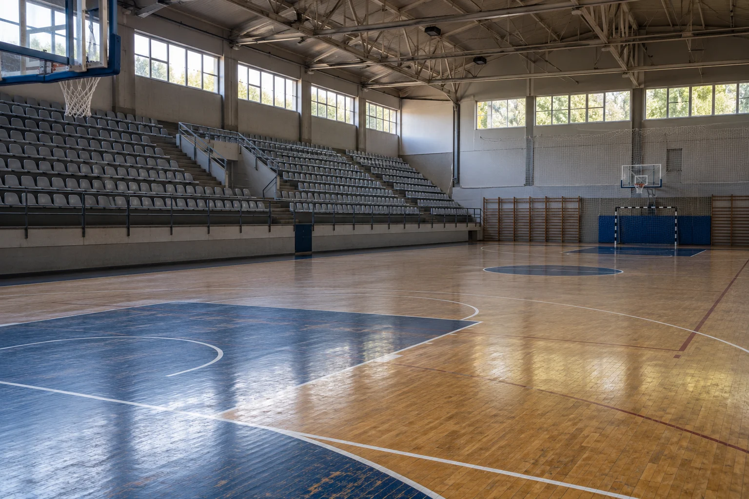 Eine leere ältere Mehrzwecksporthalle mit Tribüne und Parkettboden
