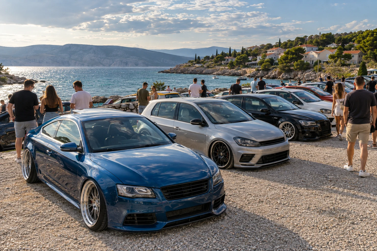 Mehrere individuell umgebaute Autos stehen bei einem Treffen am Adriatischen Meer