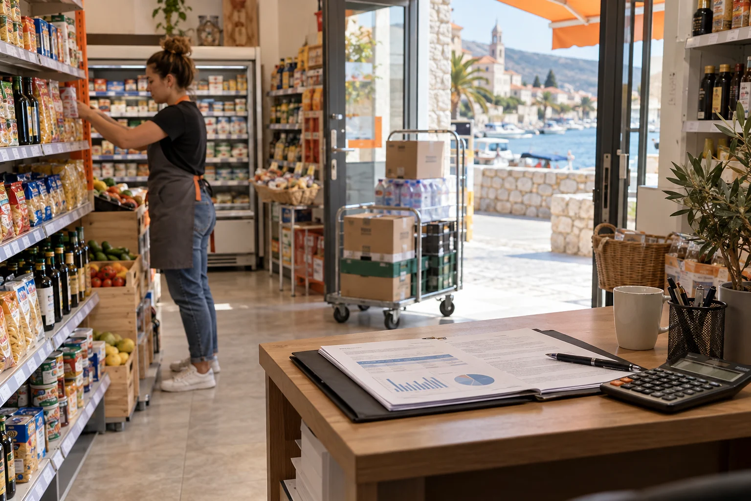 Normaler Betrieb in einem kleinen kroatischen Lebensmittelgeschäft neben unleserlichen Finanzunterlagen