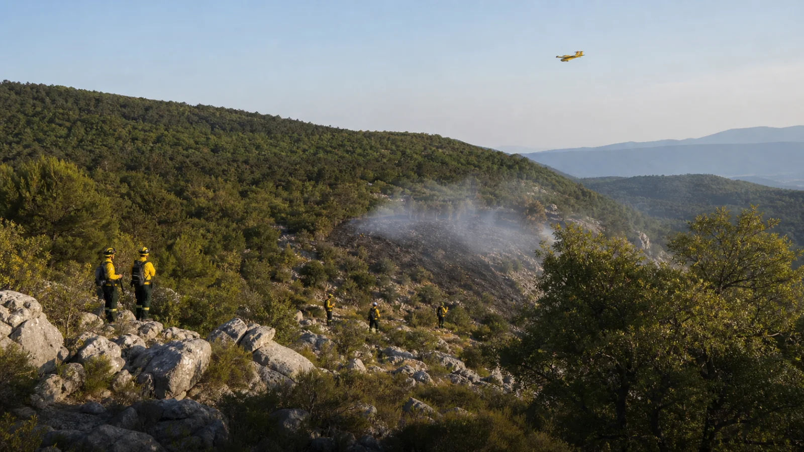 Feuerwehrkräfte sichern eine begrenzte Brandfläche in bewaldetem istrischem Karst, während ein Löschflugzeug entfernt zu sehen ist
