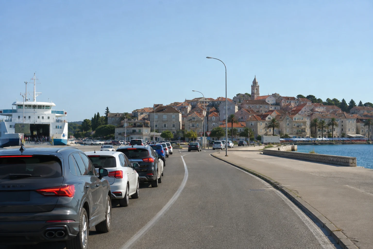 Fahrzeuge warten auf einer symbolisch dargestellten Zufahrt zu einem Adriatischen Fährhafen