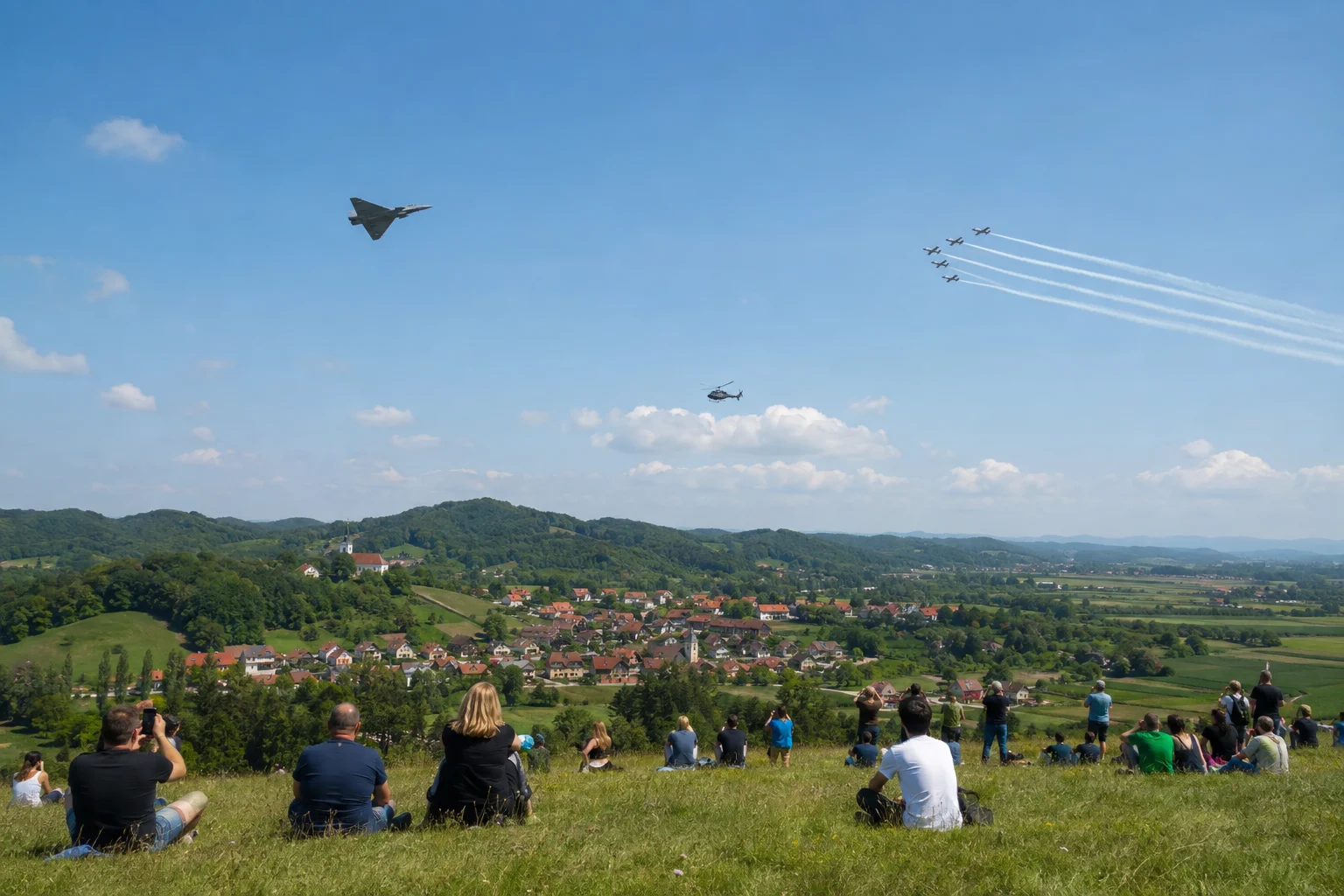 Ein Flugprogramm zieht über einer hügeligen Landschaft bei einer öffentlichen Veranstaltung vorbei
