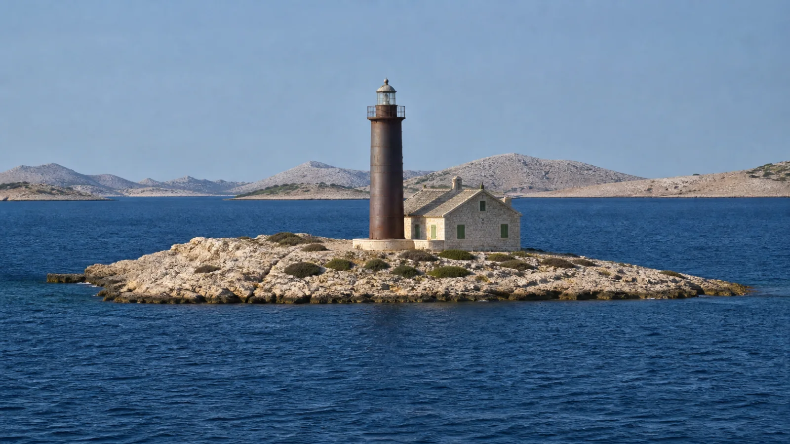 Eiserner Leuchtturm mit Wärterhaus auf einer kleinen felsigen Adriainsel