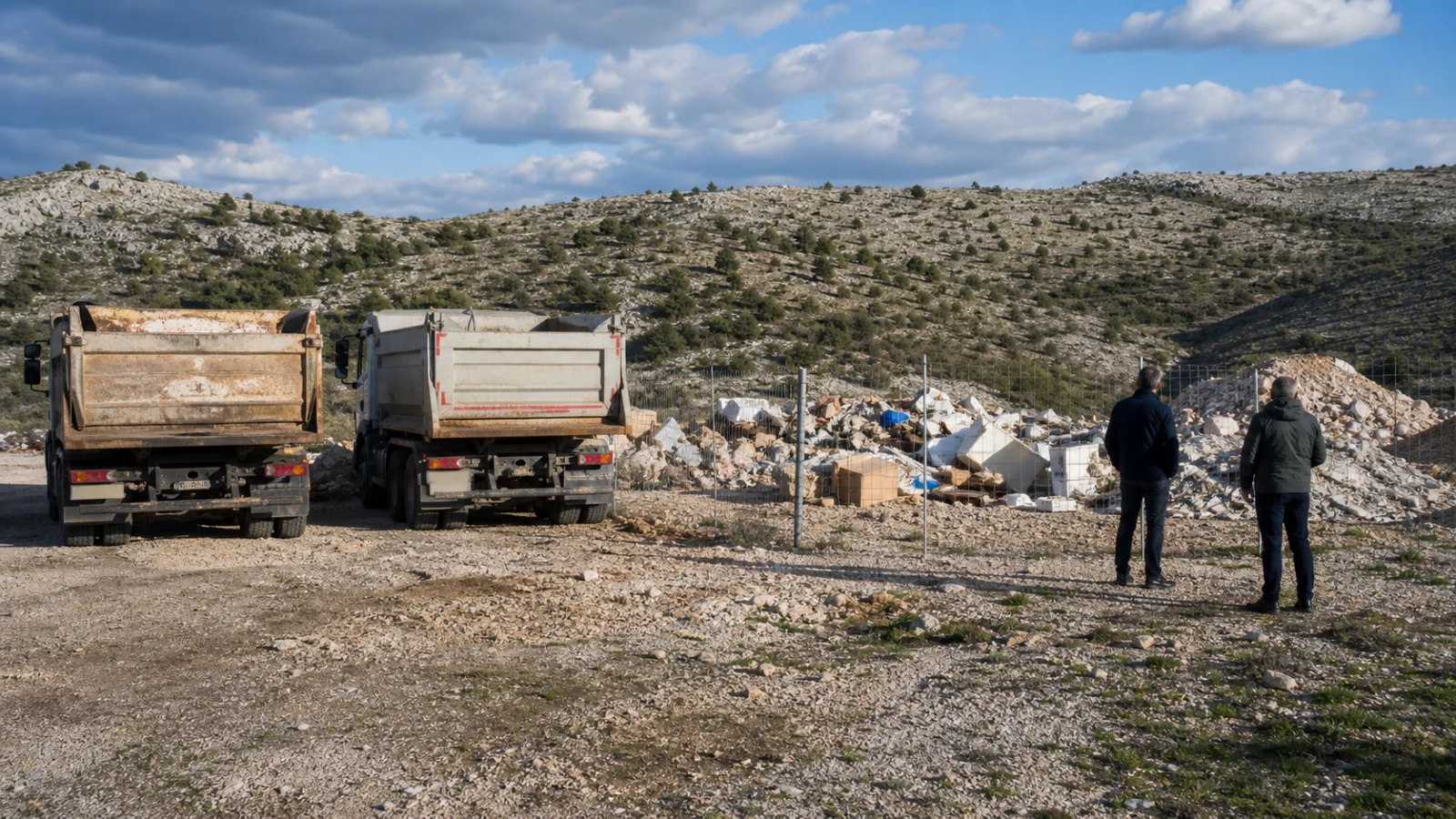 Generische Baustoffablagerung in einer trockenen Karstlandschaft mit Lastwagen im Hintergrund