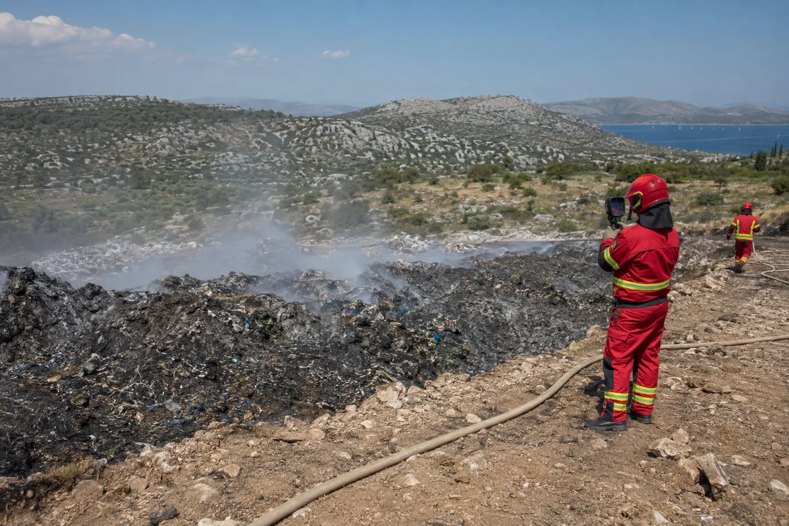 Feuerwehrleute kontrollieren einen noch rauchenden Deponiebereich in dalmatinischer Karstlandschaft