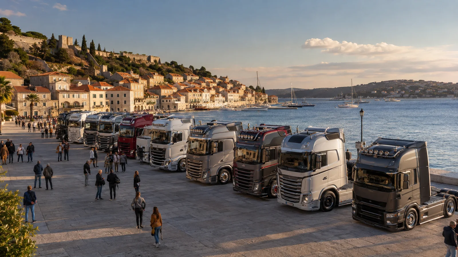 Eine Reihe großer Showtrucks steht mit Besuchern an einem kroatischen Stadthafen