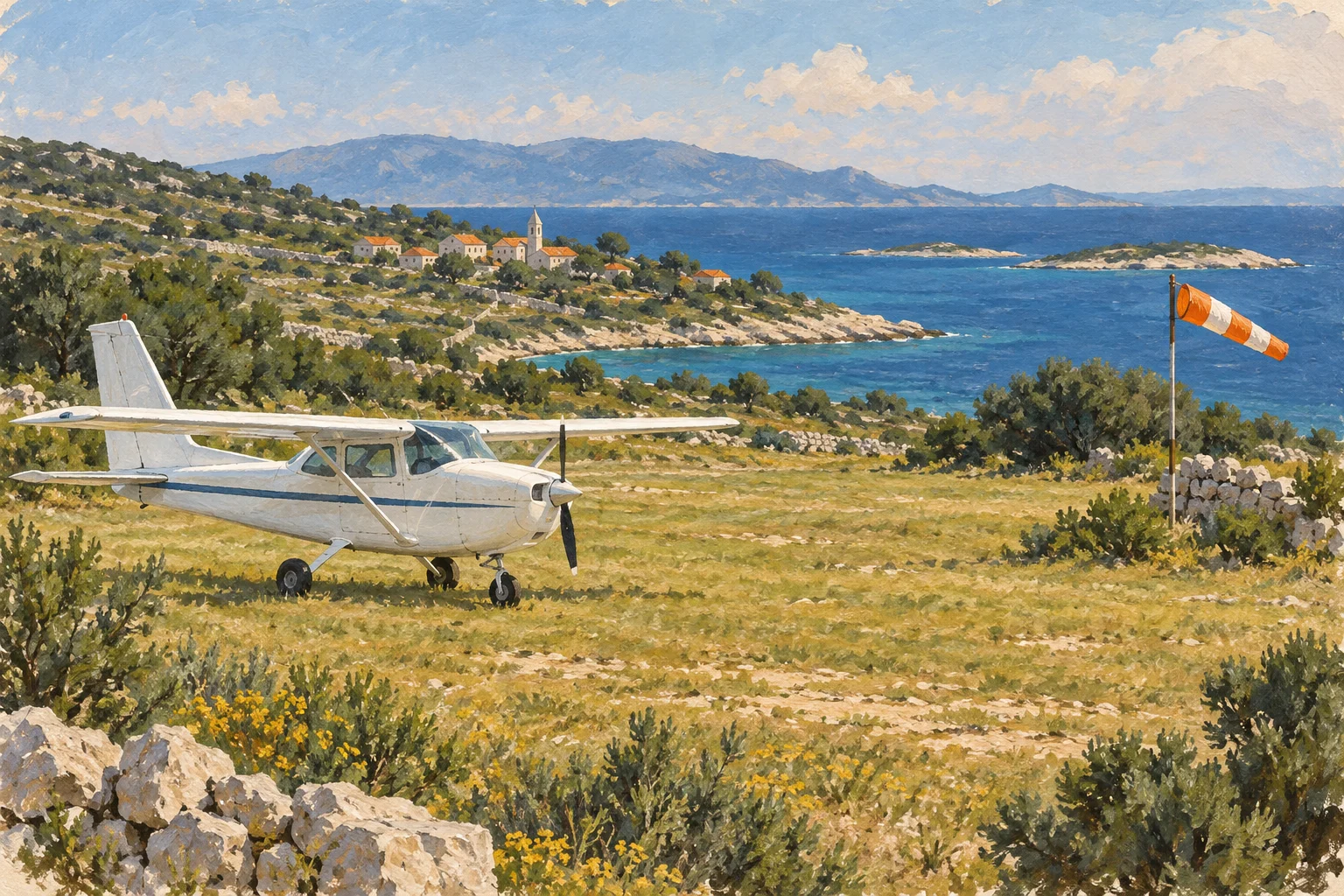 Gemalte Symbolszene einer kleinen Graslandefläche auf einer Adriainsel mit einem Leichtflugzeug