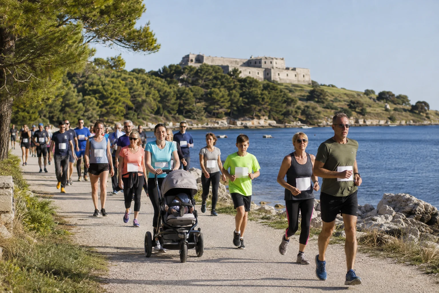 Eine gemischte Gruppe nimmt an einem kleinen Lauf entlang der istrischen Küste teil