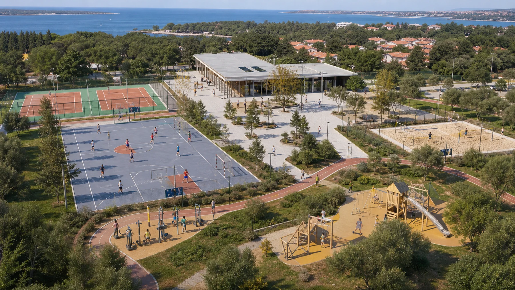Ein mögliches Sport- und Sozialzentrum mit Halle, Spielfeldern und Grünanlagen wird aus der Luft visualisiert