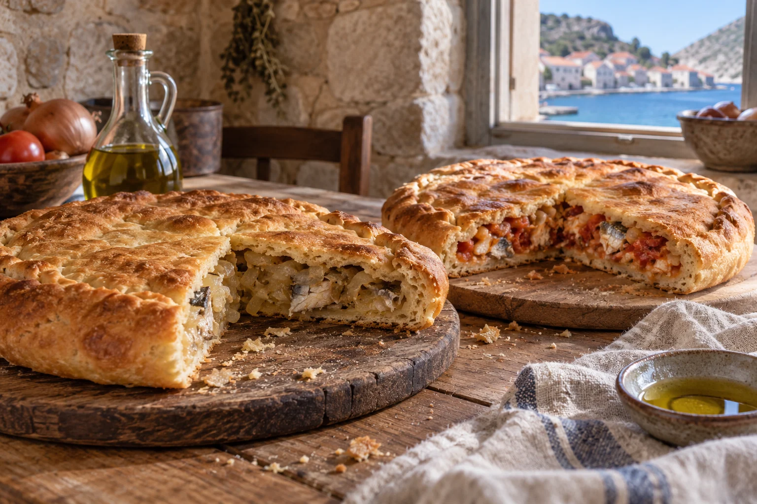 Zwei angeschnittene gedeckte Brotpasteten mit Zwiebel-Fisch-Füllung, eine davon mit Tomaten