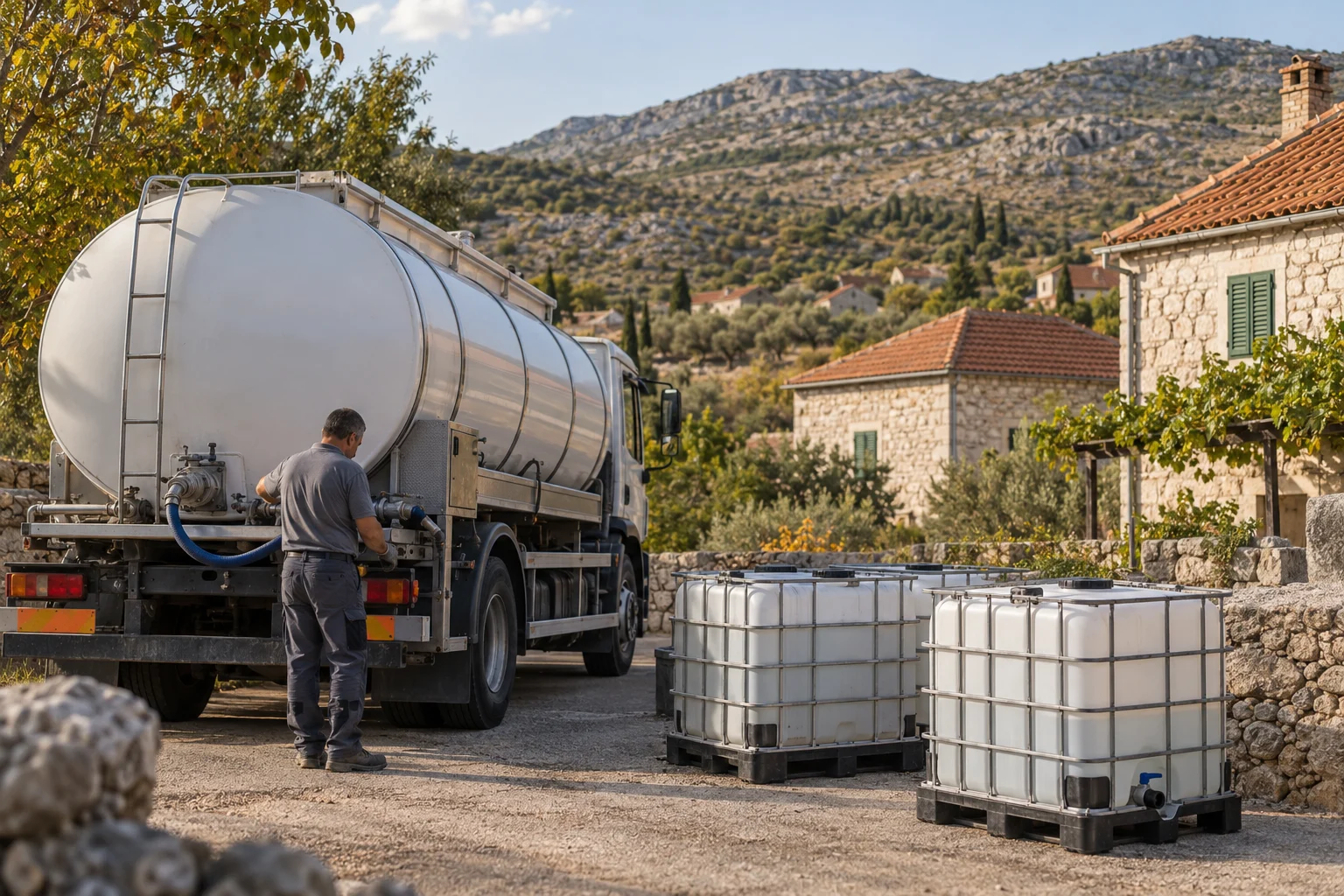 Ein unbeschrifteter Wassertankwagen und transportable Wasserbehälter stehen in einem dalmatinischen Dorf